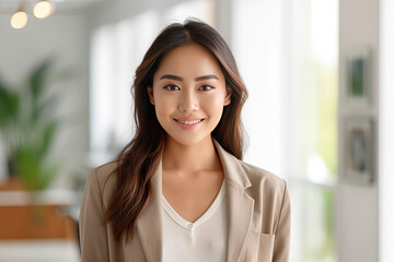 Asian young woman, professional entrepreneur standing in office clothing, smiling and looking confident on white background. Generative Ai