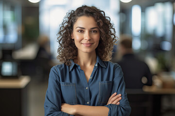Portrait of Successful businesswoman standing in office. a young smiling woman looking at camera with crossed arms. Happy girl standing in creative office. Generative Ai
