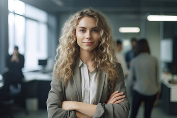 Portrait of Successful businesswoman standing in office. a young smiling woman looking at camera with crossed arms. Happy girl standing in creative office. Generative Ai
