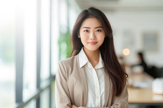 Asian young woman, professional entrepreneur standing in office clothing, smiling and looking confident on white background. Generative Ai