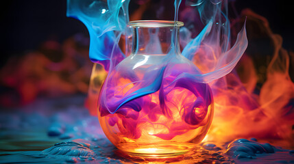 swirling, iridescent liquid in a glass container, shifting colors