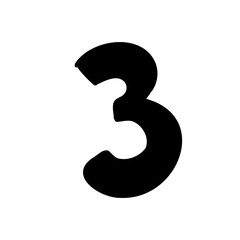Digit number 3 three black bold in childlike style isolated on white background. For font, typography, branding, logo, lettering, education, signboard, alphabet, presentation, paper.