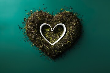 Tea leaves forming heart on isolated background with copy space