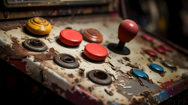 Close up of worn-out buttons and joystick of an arcade machine
