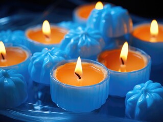 On a vivid azure canvas, homemade candles shaped as autumn pumpkins and leaves glow softly, casting an intimate, seasonal ambiance.