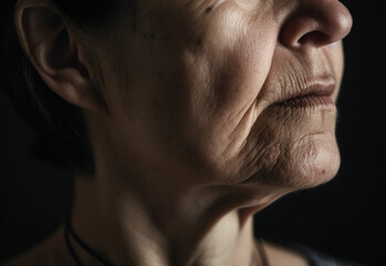 Fototapeta premium close up of old woman neck face and shoulder natural beauty skin concept. Studio portrait of shirtless beautiful woman and perfect skin. Generative ai