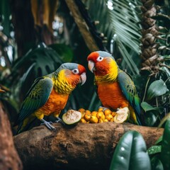 Two parrots are sitting on a branch eating fruit