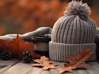 Obraz premium Knit beanie and hot cocoa mug nestled on dried leaves against a pale graphite backdrop.