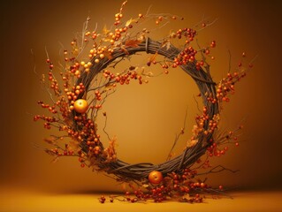 Handcrafted wreath of twigs, leaves, and autumn berries highlighted against a warm amber backdrop.