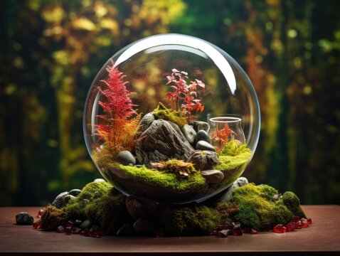 Glass orb terrarium with moss, stones, and autumn miniatures softly illuminated on a garnet backdrop.