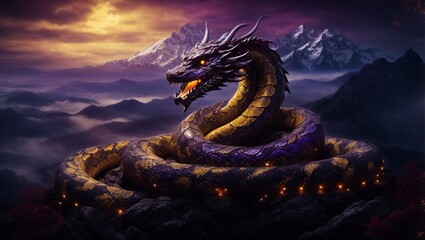 A giant Orochi serpent, its body writhing and twisting in the air. Japanese mythology. Japanese dragon/serpent.