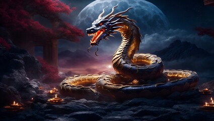 A giant Orochi serpent, its body writhing and twisting in the air. Japanese mythology. Japanese dragon/serpent. - obrazy, fototapety, plakaty