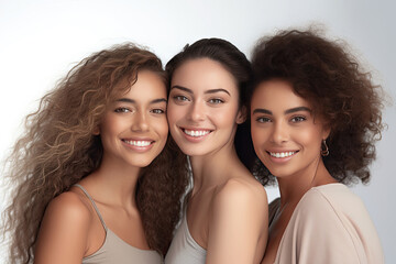 Portrait of three beautiful joyful multiracial women standing together and smiling at camera isolated over white background. Generative Ai.