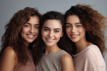 Portrait of three beautiful joyful multiracial women standing together and smiling at camera isolated over white background. Generative Ai.