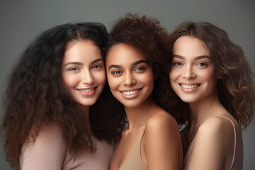 Portrait of three beautiful joyful multiracial women standing together and smiling at camera isolated over white background. Generative Ai.
