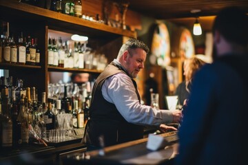 Small cozy cafe coffee shop bakery completing order business interior sunny morning light proud happy barista offers cheap hot tasty cocoa latte cappuccino americano espresso baguette bread bun donuts