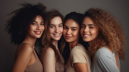 Portrait of young multiracial women standing together and smiling at camera isolated over white background. Generative Ai