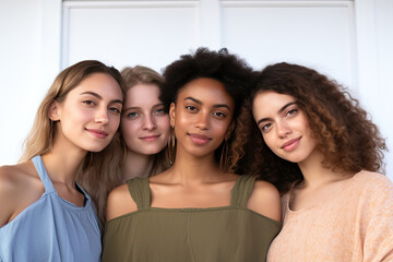 Fototapeta premium Portrait of young multiracial women standing together and smiling at camera isolated over white background. Generative Ai