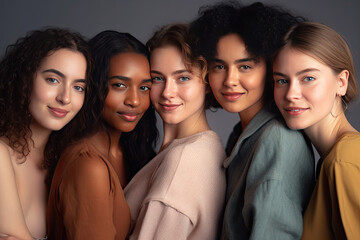Portrait of young multiracial women standing together and smiling at camera isolated over white background. Generative Ai