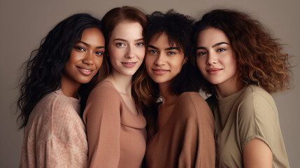 Portrait of young multiracial women standing together and smiling at camera isolated over white background. Generative Ai