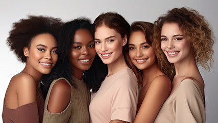 Obraz premium Portrait of young multiracial women standing together and smiling at camera isolated over white background. Generative Ai