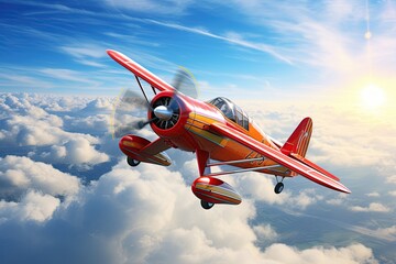 aircraft soaring through the sky. Show it in a majestic pose, wings outstretched against the backdrop of the blue sky and clouds. Generated with AI