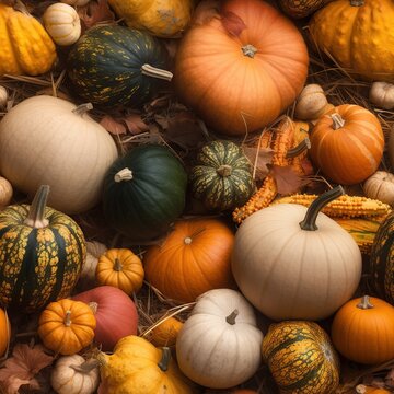 seamless pattern with various pumpkins and gourds, web background, seamless background