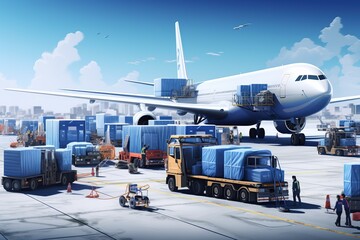 world of air cargo transportation. Depict a bustling airport tarmac with cargo planes of various sizes being loaded and unloaded.Generated with AI