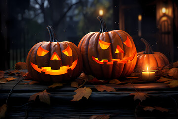 Naklejka na ściany i meble Scary Jack-O-Lanterns, Carved pumpkins for Halloween, Spooky Pumpkin Wallpaper background. AI generated content