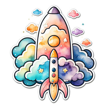 Hand painted watercolor space ship. Cartoon rocket isolated on white background. Cosmic illustration