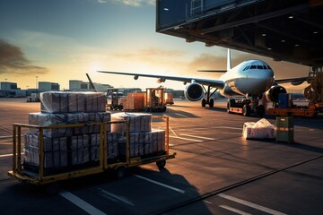 world of air cargo transportation. Depict a bustling airport tarmac with cargo planes of various sizes being loaded and unloaded.Generated with AI - obrazy, fototapety, plakaty
