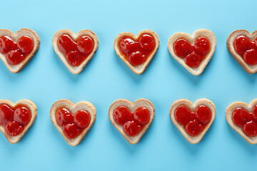 Fototapeta premium Valentines Day! Heart shaped bread slices with red delicious jam. Love pattern on pastel blue background.