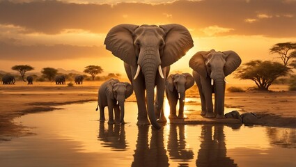 elephants at sunset in the river