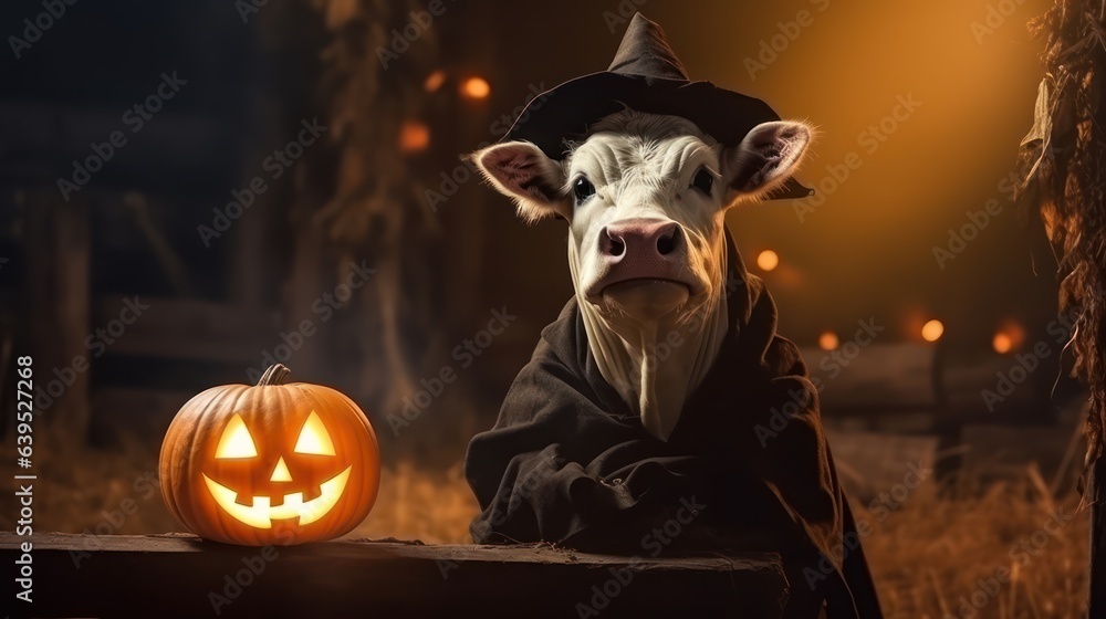 Wall mural halloween card. a cow on a halloween background. a cow in haloween costume. generative ai