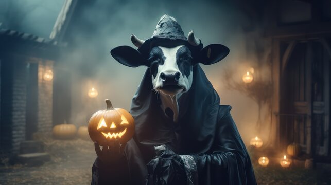 Halloween card. A Cow on a halloween background. a cow in haloween costume. Generative AI