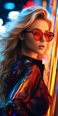 Fototapeta premium Digital era fashion. Woman by futuristic neon lights wearing eyeglasses, fluid color combinations - AI Generated