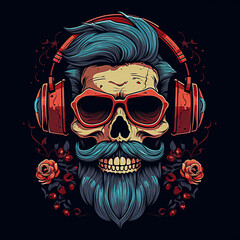Hipster skull with beard, mustache and headphones. digital illustration. selective focus.  