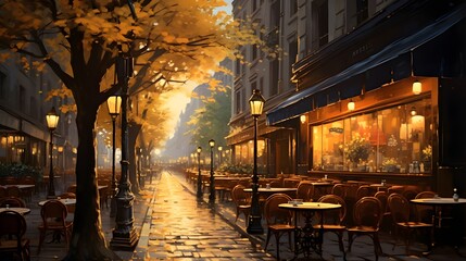 a painting of a city street with tables, chairs and lamps. generative ai