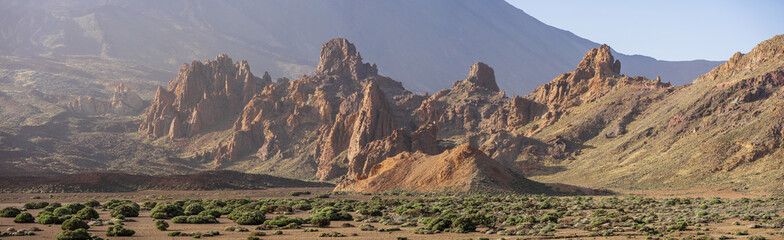 Panoramic view of the geological formation in the Las Canadas caldera, at the base of the Teide volcano - Roques de Garcia. The viewpoint (mirador) of Llano de Ucanca. Tenerife. Canary Islands. Spain.