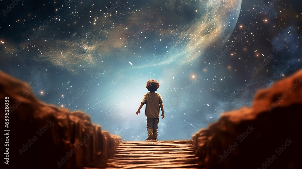 Wall mural back view of the silhouette of a child in front of a fantasy scene of the universe