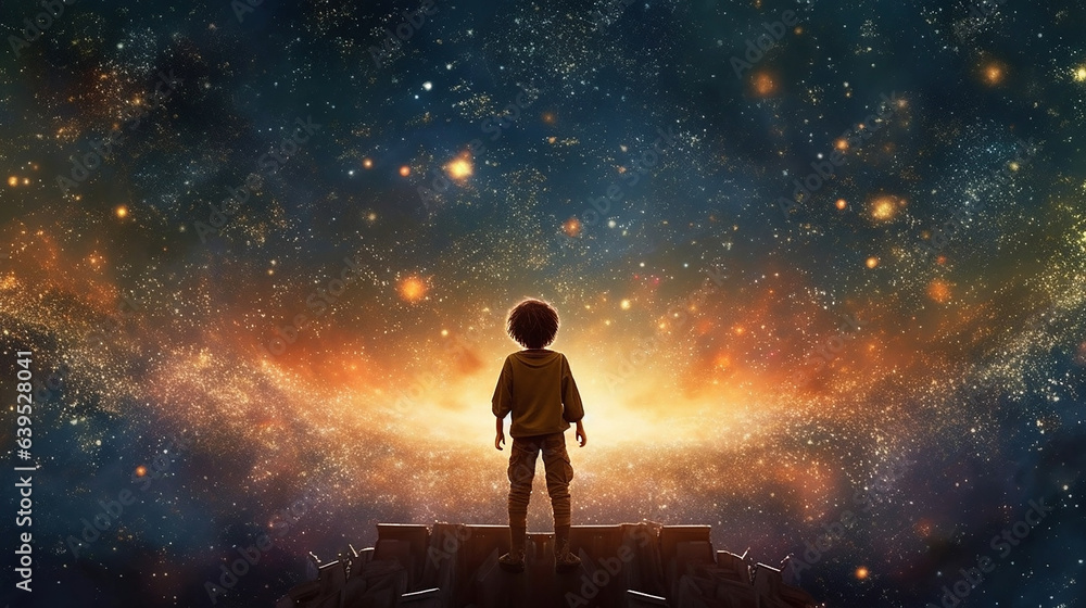 Wall mural back view of the silhouette of a child in front of a fantasy scene of the universe
