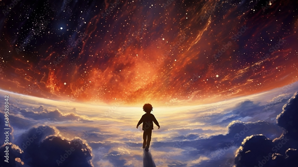 Poster back view of the silhouette of a child in front of a fantasy scene of the universe