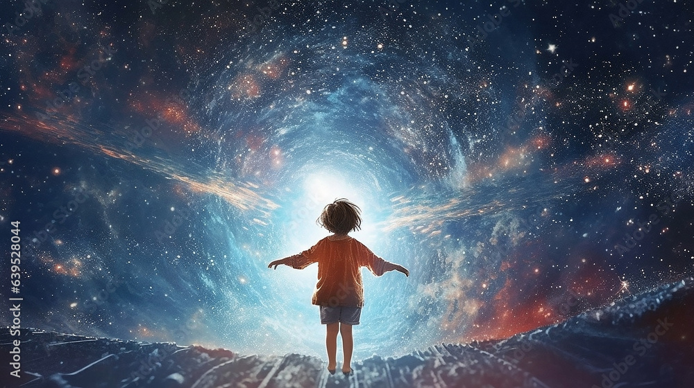 Poster back view of the silhouette of a child in front of a fantasy scene of the universe