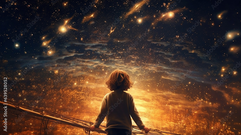 Wall mural back view of the silhouette of a child in front of a fantasy scene of the universe