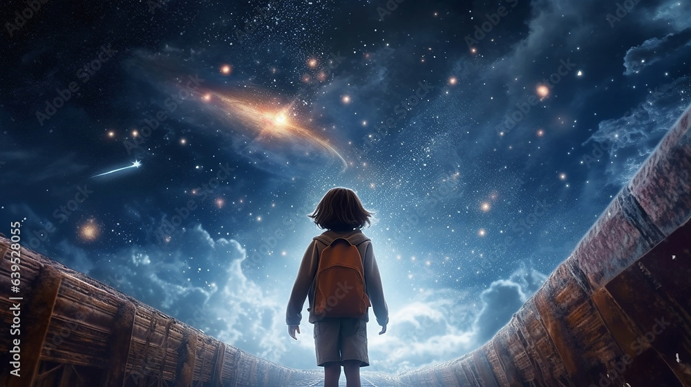 Wall mural back view of the silhouette of a child in front of a fantasy scene of the universe
