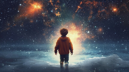 Back view of the silhouette of a child in front of a fantasy scene of the universe 