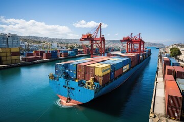 Fototapeta premium world of shipping transports. Depict a bustling port with cargo ships of various sizes and types, loading and unloading goods by cranes.Generated with AI
