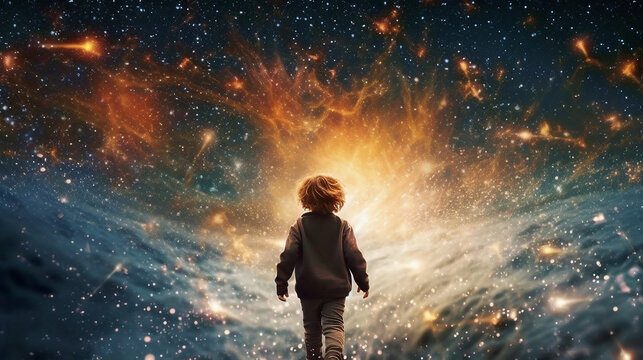 Back view of the silhouette of a child in front of a fantasy scene of the universe 