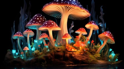 Glow-in-the-dark fungi illuminate subterranean realms, a whimsical testament to the harmonious coalescence of nature and digital artistry | generative ai
