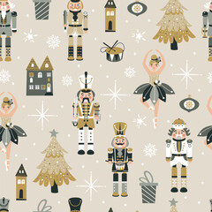 Seamless Christmas Pattern with Nutcrackers ballerina in Vector on beige. - 639528850